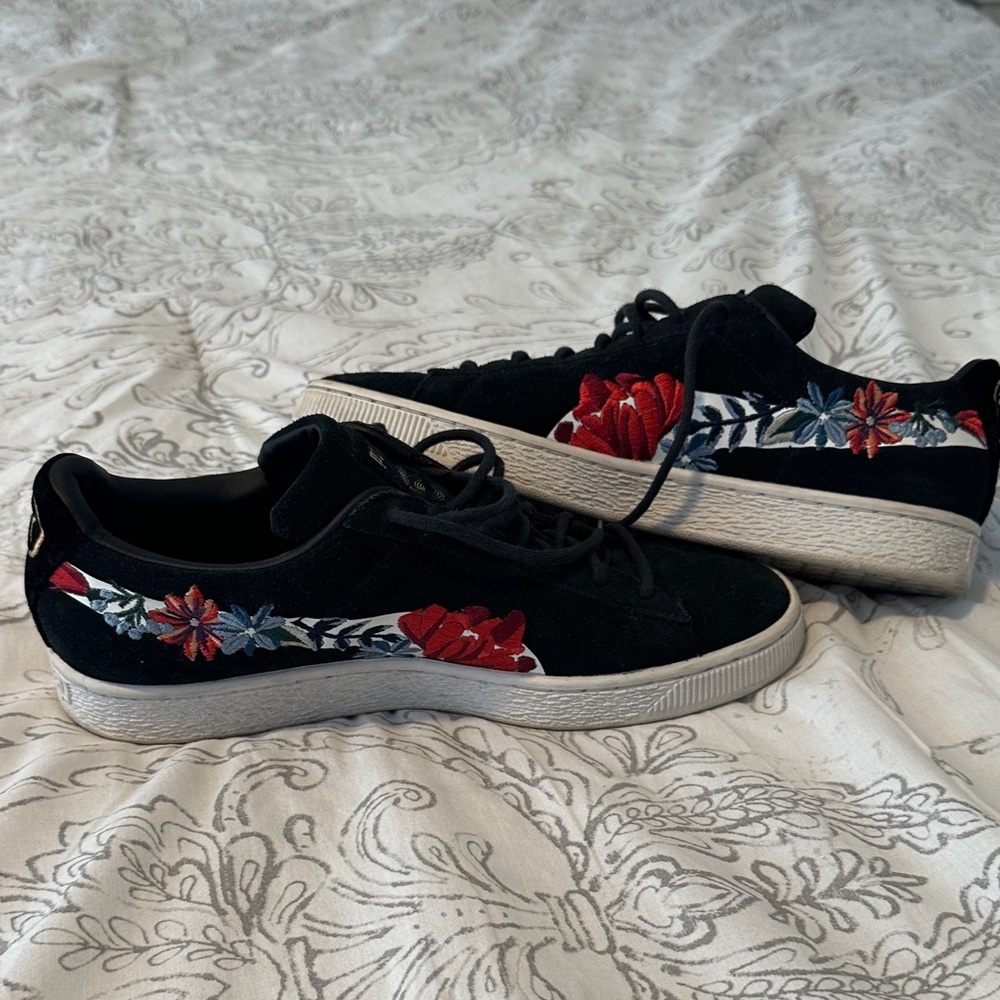 Puma Suede Black Sneakers with Red and Blue Floral Embroidery - Picture 2 of 8